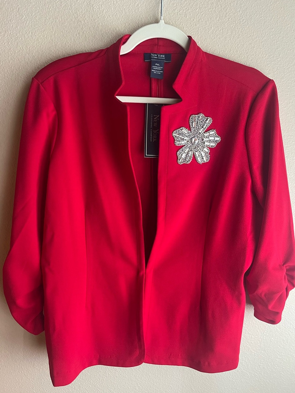 New York & Company Red Open-Front Jacket with Crystal Floral Brooch